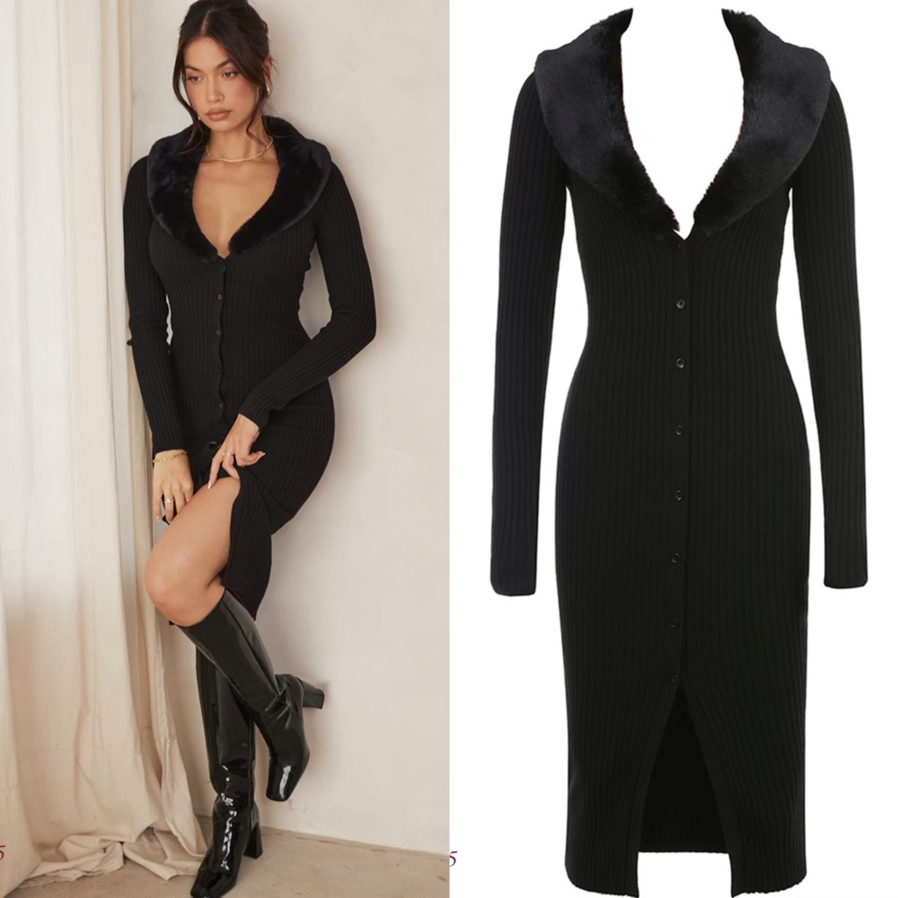 House of CB RAINE Black Faux Fur Trim Dress